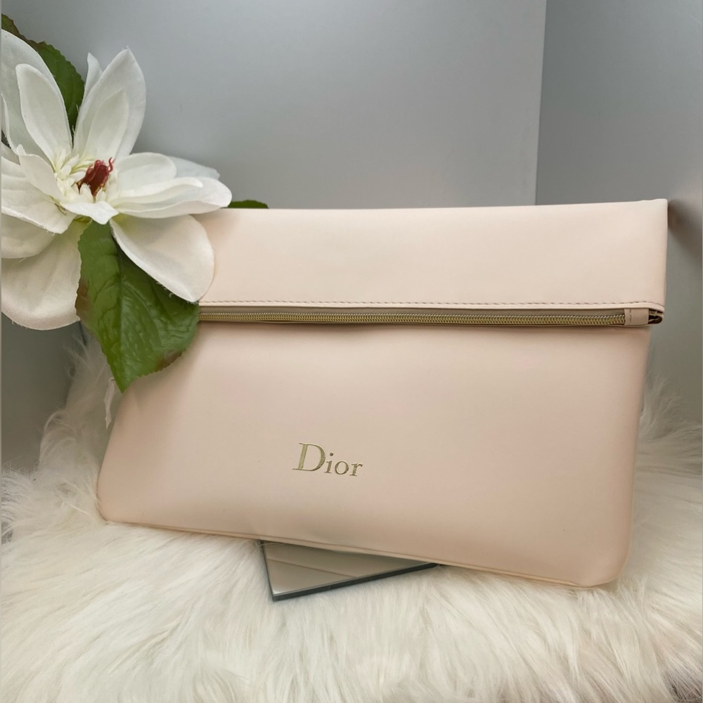 New! DIOR BEAUTY Clutch/Cosmetic Bag Shell Pink & Metallic Gold Lining